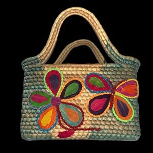 Handmade Mini Woven tote with Blue and Tan Stripes